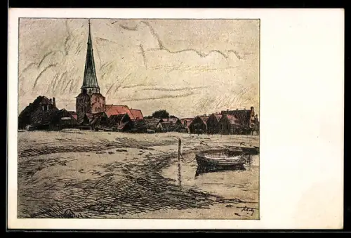 Künstler-AK Travemünde, Ortspartie mit Kirche