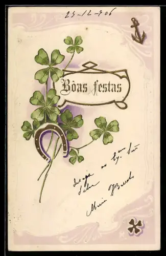 Präge-AK Hufeisen, Klee und Anker, Boas festas