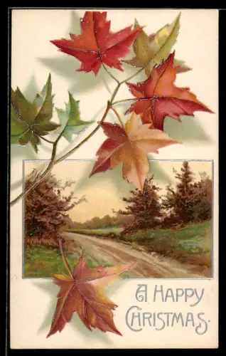 Präge-AK Herbstliche Blätter, Dorfweg mit Bäumen, Weihnachten