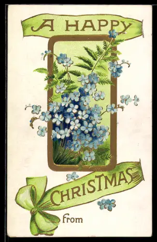 Präge-AK Blaue Vergissmeinnicht in goldenem Rahmen, Weihnachten