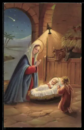 AK Weihnachtsengel betet mit Maria bei dem Jesuskind