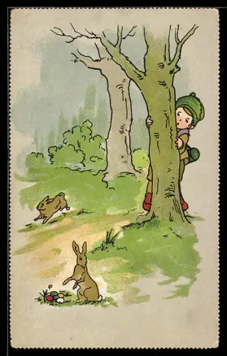AK Junge beobachtet zwei Osterhasen
