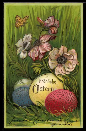 Präge-AK Ostereier mit Blumen und Schmetterling
