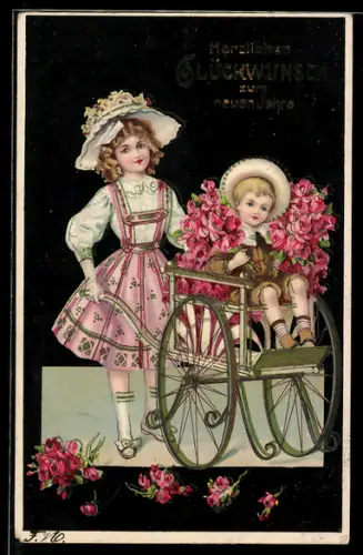 AK Kinder mit einem Rosenkarren, Neujahr