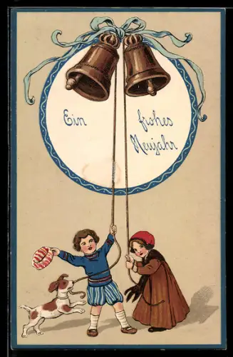 Präge-AK Kinder und Hund läuten Neujahrsglocken