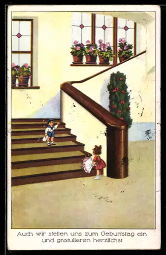AK Kinder mit Brief und Blumenstrauss an einer Treppe, Geburtstag