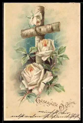 Lithographie Kreuz aus Birken mit weissen Rosen, Ostern