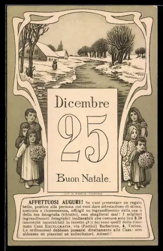 Lithographie Kinder mit Kalenderblatt 25. Dezember, Weihnachten
