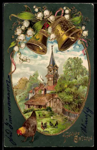 Präge-AK Kirche mit Huhn und Glocken, Ostergruss