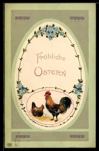 Präge-AK Hahn und Henne mit Vergissmeinnicht, Ostern