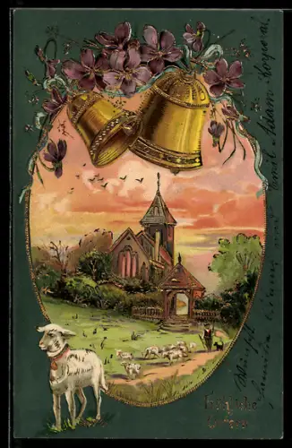 Präge-AK Fröhliche Ostern, Kirche in Zierrahmen