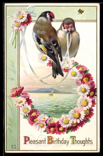 Präge-AK Pleasant Birthday Thoughts, Vögel mit Blumen, Seeblick