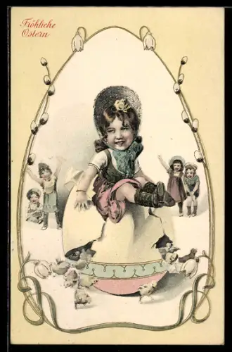 Lithographie Mädchen schlüpft aus einem Osterei, Ostern