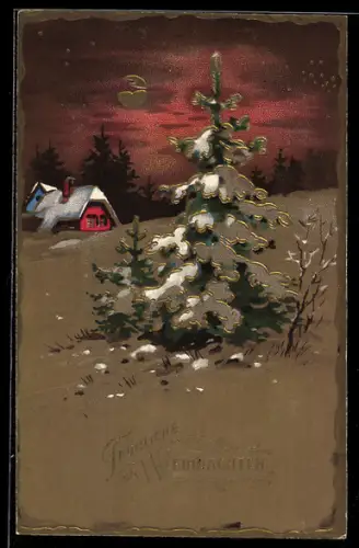 Präge-AK Verschneites Dorf mit Tanne im Schnee, Weihnachten