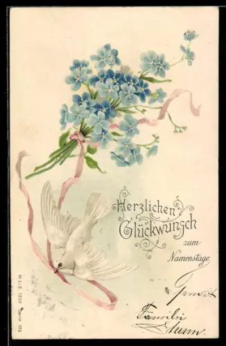 Lithographie Weisse Taube mit Strauss Vergissmeinnicht, Namenstag