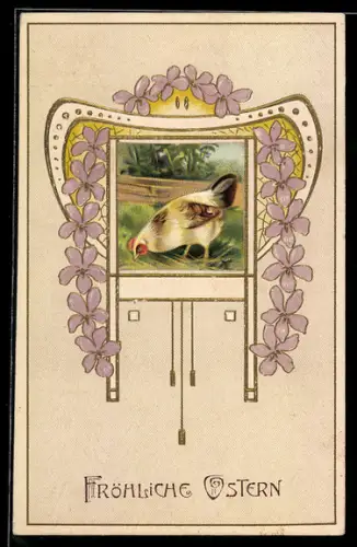 AK Henne auf einer Wiese, Lilane Blüten, Ostern