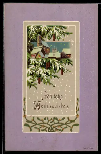 Präge-AK Verschneite Dorfpartie, Weihnachten