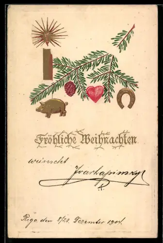 Präge-AK Tannenzweig mit Hufeisen, Herz und Kerze, Weihnachten