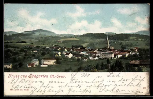 AK Prägarten /Ob. Öst., Ortspanorama mit Kirche