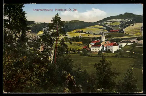 AK Pierbach /O.-Oe., Ortsansicht mit Kirchee u. Wiesen