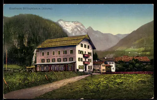 AK Mayrhofen, Zillertal, Gasthaus Stillupklamm mit Bergpanorama