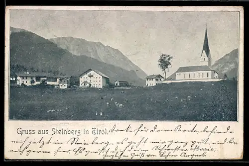 AK Steinberg in Tirol, Dorf mit Kirche und Bauernhöfen, Bergpanorama