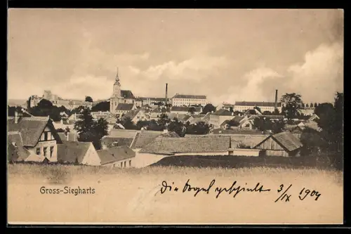 AK Gross-Siegharts, Teilansicht mit Kirche und Fabrikschornsteinen