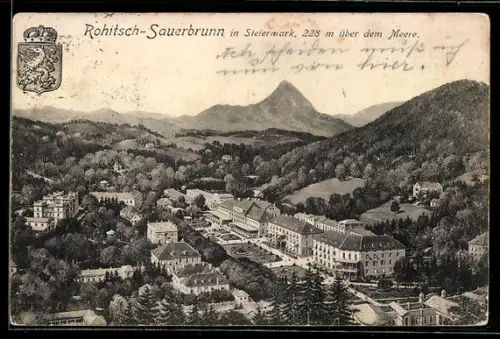 AK Rohitsch-Sauerbrunn /Steiermark, Ortsansicht mit Gipfelpanorama, Wappen