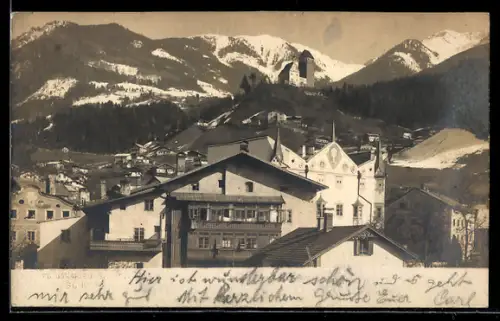 Foto-AK Schwaz, Teilansicht mit Bergpanorama aus der Vogelschau