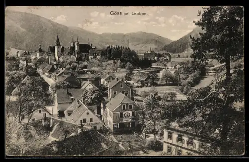 AK Göss bei Leoben, Ortspanorama mit Gasthaus aus der Vogelschau
