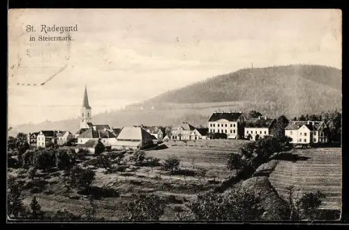 AK St. Radegund in Steiermark, Ortspanorama mit Kirche u. Bergblick