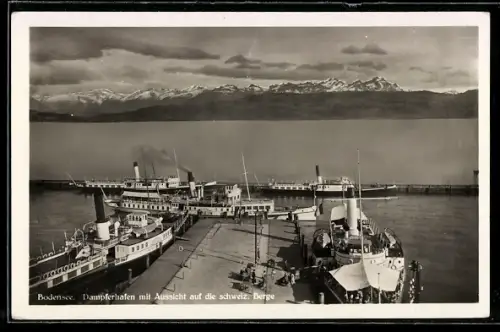 AK Dampfer Württemberg, Friedrichshafen, Koenig Wilhelm und Rhein im Hafen mit Aussicht auf die schweizer Berge