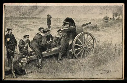 Künstler-AK Deutsche Matrosen der Marine-Artillerie an der flandrischen Küste