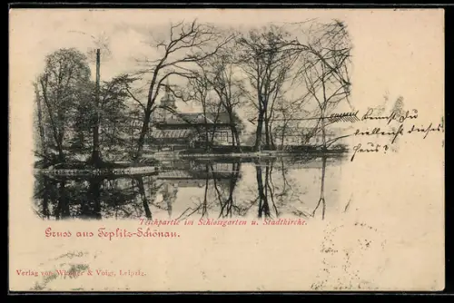 AK Teplitz-Schönau, Teichpartie im Schlossgarten mit Stadtkirche