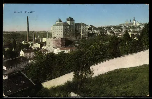 AK Mlada Boleslav, Blick nach dem Ort mit Schloss