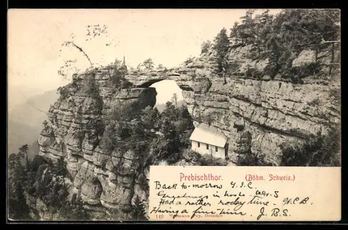 AK Prebischthor, Felspartie mit Kapelle