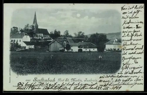 Mondschein-AK Senftenbach /Innkreis, Ortsansicht vom Feld aus