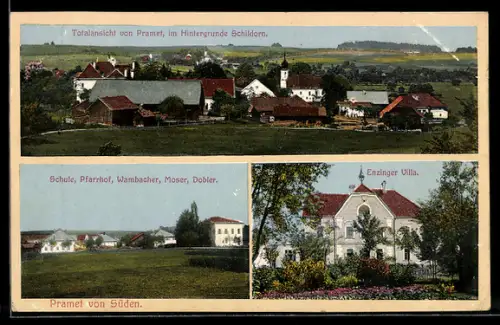 AK Pramet, Pfarrhof, Enzinger Villa, Ortsansicht mit der Ortschaft Schildorn im Hintergrund