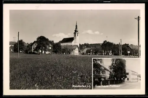AK Neuhofen im Innkreis, Gasthaus Fellner, Ortsansicht mit Kirche vom Feld aus