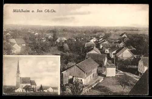 AK Mühlheim a. Inn, Ortsansicht aus der Vogelschau, Anblick der Kirche
