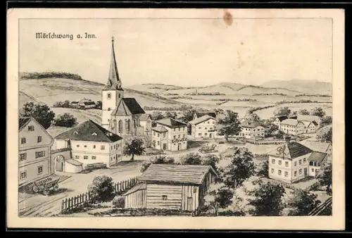 Künstler-AK Mörschwang a. Inn, Ortsansicht mit Gasthaus und Kirche aus der Vogelschau