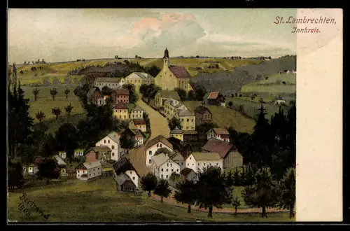 Künstler-AK St. Lambrechten /Innkreis, Ortsansicht vom Berghang aus