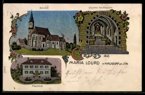 AK Kirchdorf am Inn, Kirche Maria Lourd, Inneres der Kapelle, Pfarrhof