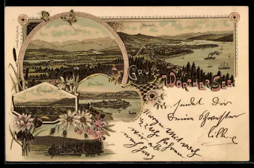 Lithographie Maria-Wörth /Wörther See, Teilansicht, Krumpendorf, Loretto