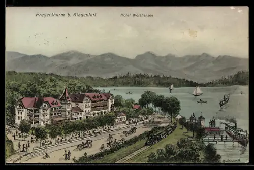 Künstler-AK Klagenfurt, Freyenthurm, Hotel Wörthersee mit Dampferanlegestelle
