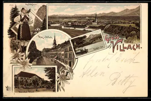 Lithographie Villach, Faaker See, Platz in Villach, Warmbad Villach, Gailtalerin in Tracht