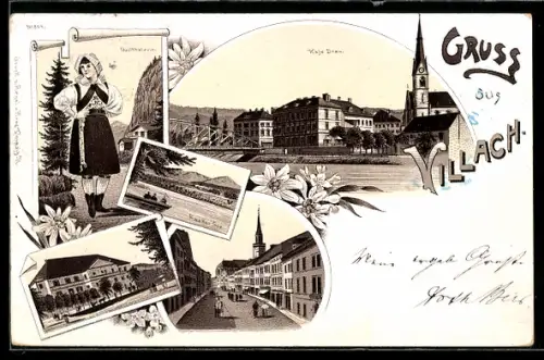 Lithographie Villach, Teilansicht mit Cafe Drau, Warmbad, Faaker See