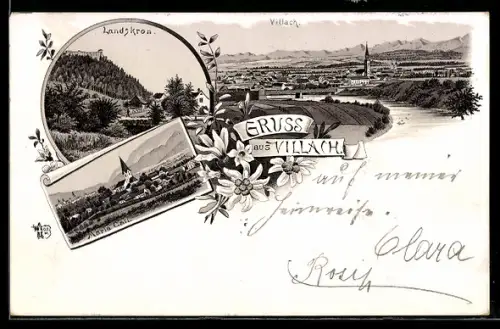 Lithographie Villach, Teilansicht, Kirche Maria Call, Landskron