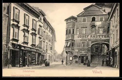 AK Villach, Schulstrasse, Partie mit Gebäude Buchbinder Josef Rautter
