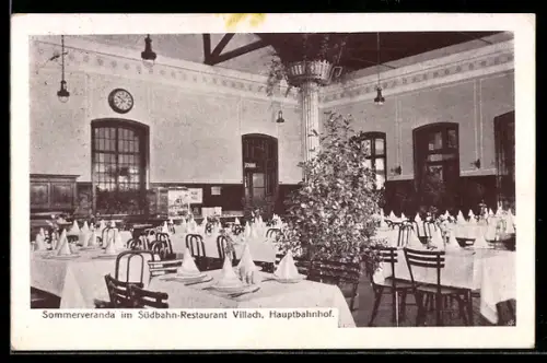AK Villach, Südbahn-Restaurant am Hauptbahnhof, Hugo Mocker, Blick in die Sommerveranda